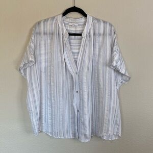 Vince Drapey striped shirred blouse women’s large EUC white blue runs big